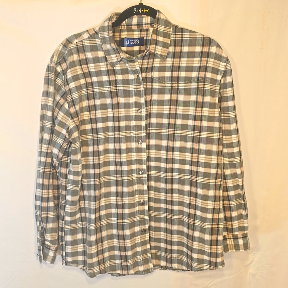 Women's Wrangler Blues Long Sleeve Button Down Plaid Shirt Tan Stripes Size M